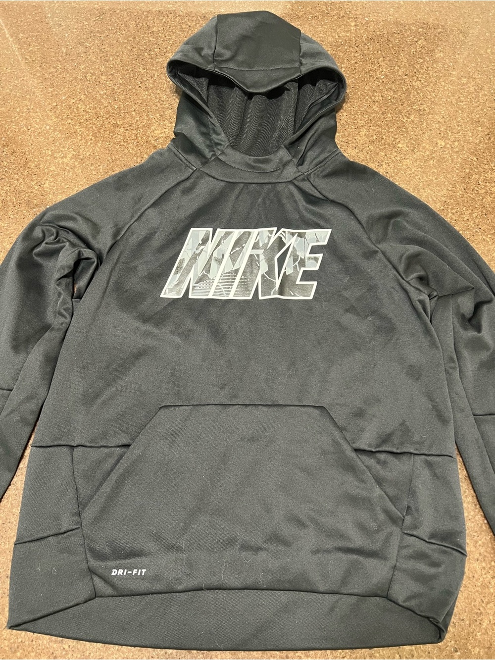 Nike Youth Boys L Dri-Fit Therma Hoodie Black Camo Spellout Logo Sweatshirt